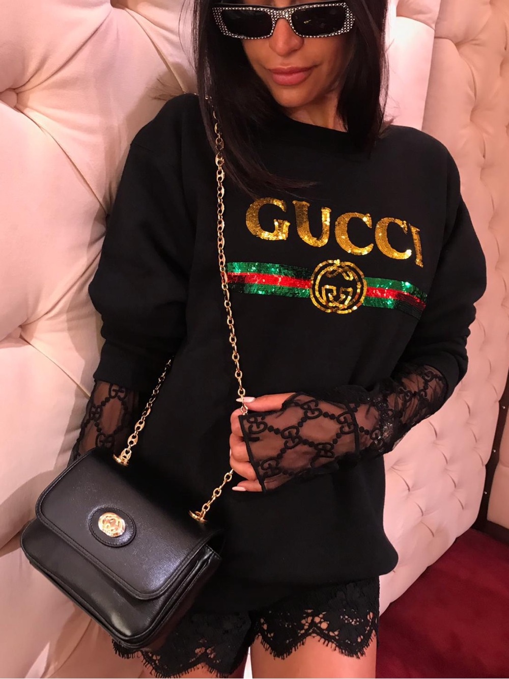 Gucci Sequin Logo Tiger Oversized Sweatshirt Black XS New